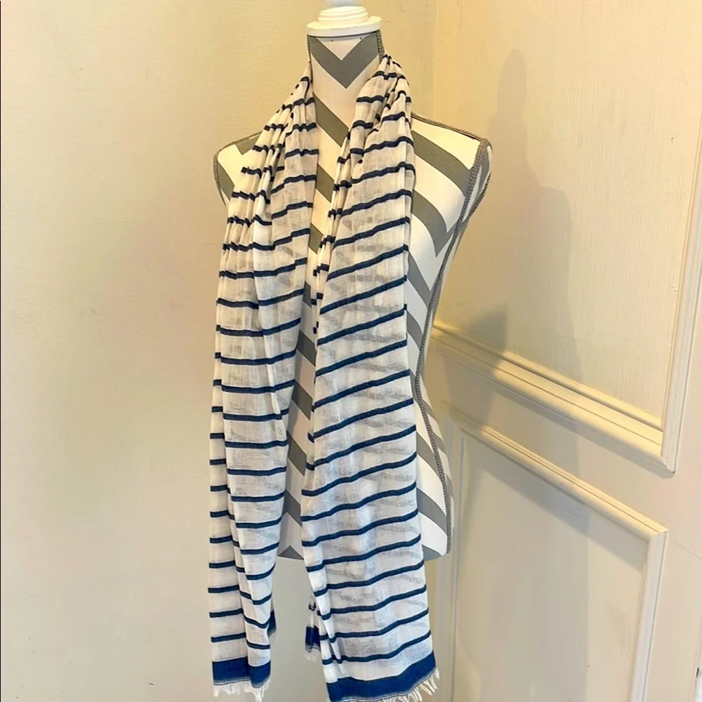 Nautical Blue White Striped Women's Fringe Scarf Shawl Wrap Blanket One Size